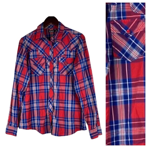 Cruel Girl XL 14 16 Shirt Top Button Down Plaid Western Rodeo Red Blue Snap - Picture 1 of 5